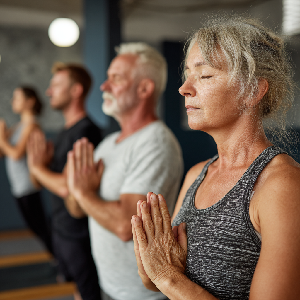 Group of adults in their forties and fifties practicing yoga together in harmonious studio