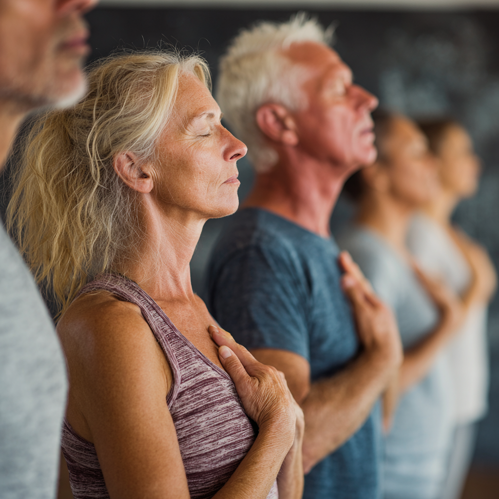 Mature adults practicing yoga breathing exercises in peaceful environment
